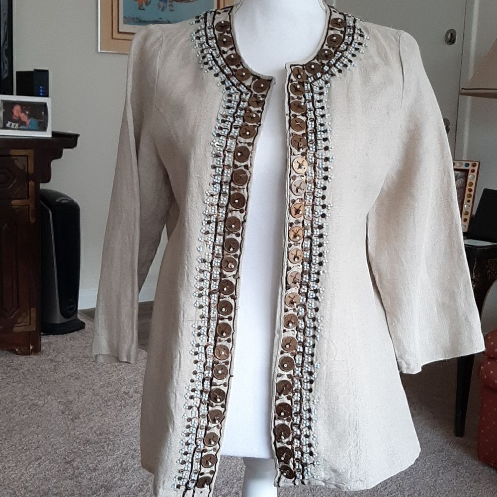 Chico's tan Linen jacket with turqoise beads and copper tacking